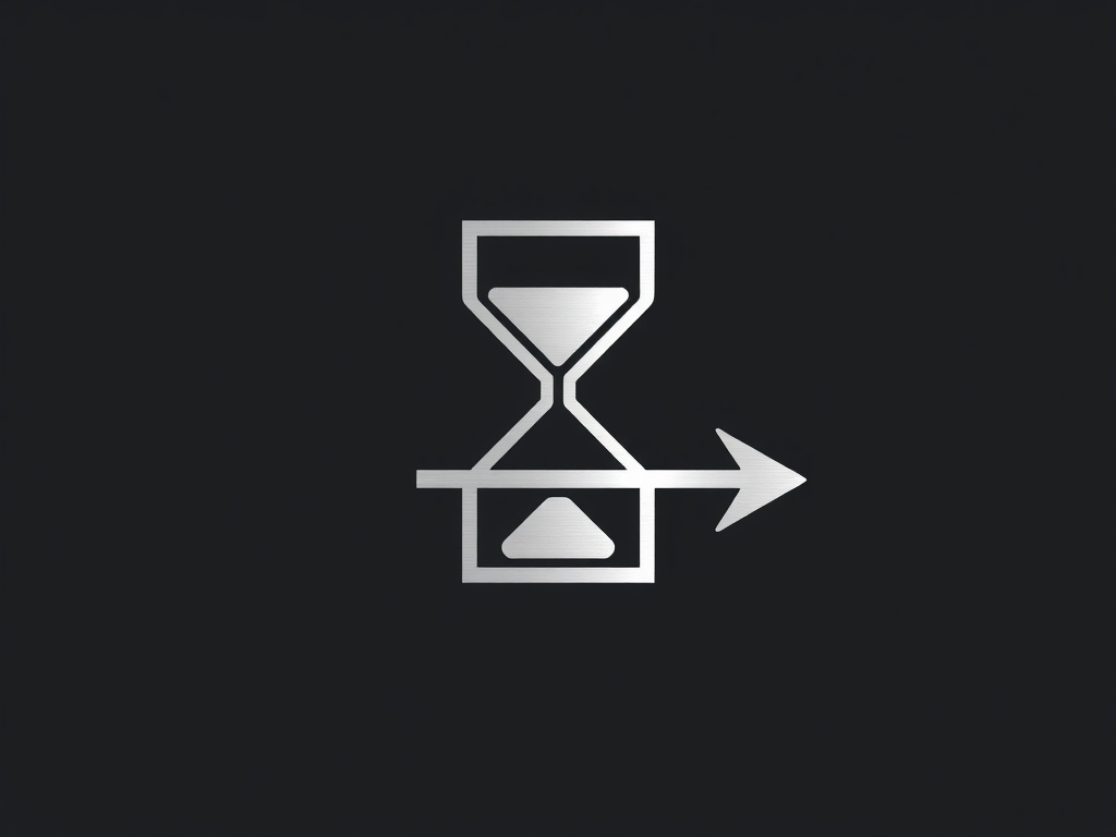 Minimalist geometric logo mark combining an hourglass and an arrow, clean lines, silver metallic texture, photorealistic 8k.